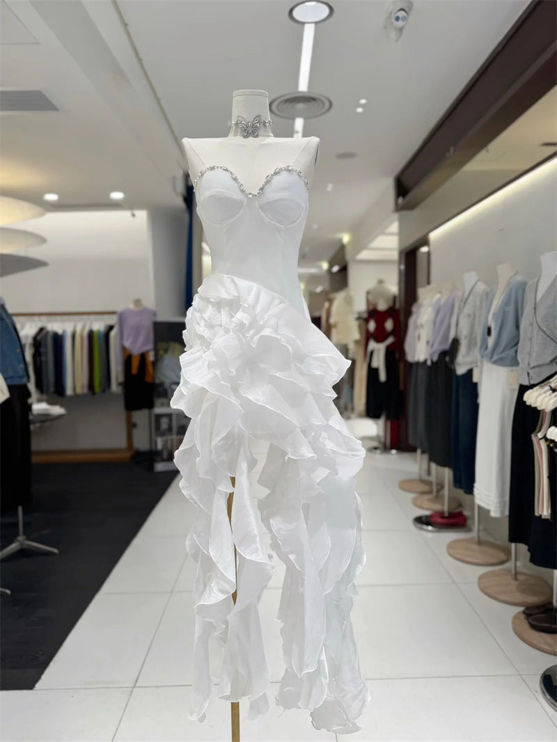 sabrina Ruffle Crystal strapless midi dress in black