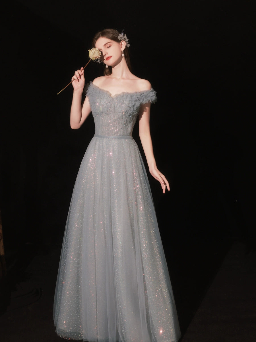 off-shoulder pleated sequin maxi dress in blue-gray