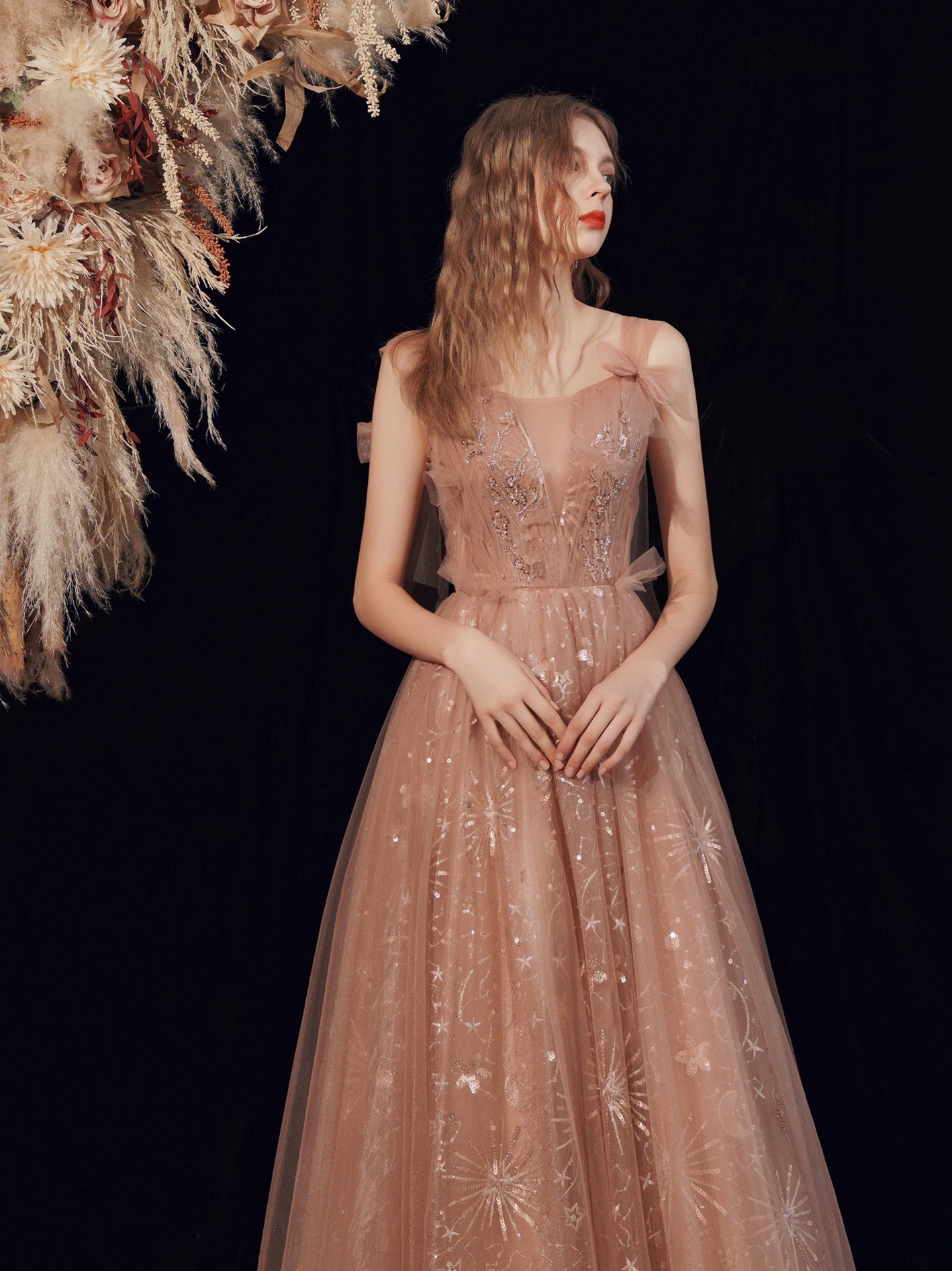 sequin embroidery maxi dress in pink-orange