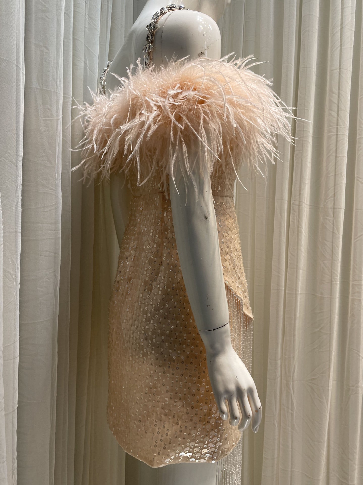 priscilla sequin feather crystal-strap mini dress in pink