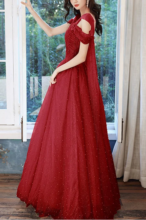 Pink one-shoulder pearl maxi tulle evening dress