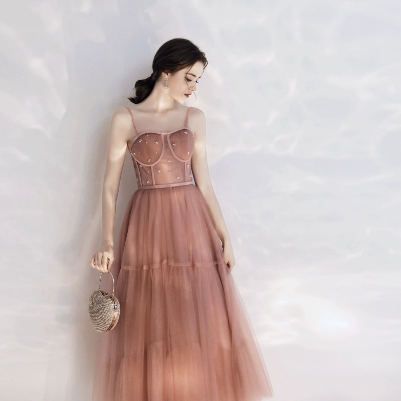 rhinestone embellished tulle midi dress in pink