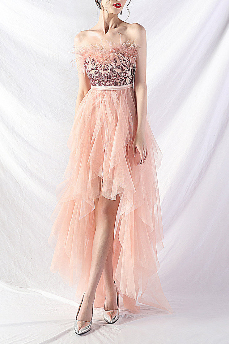 Strapless feather tulle midi dress