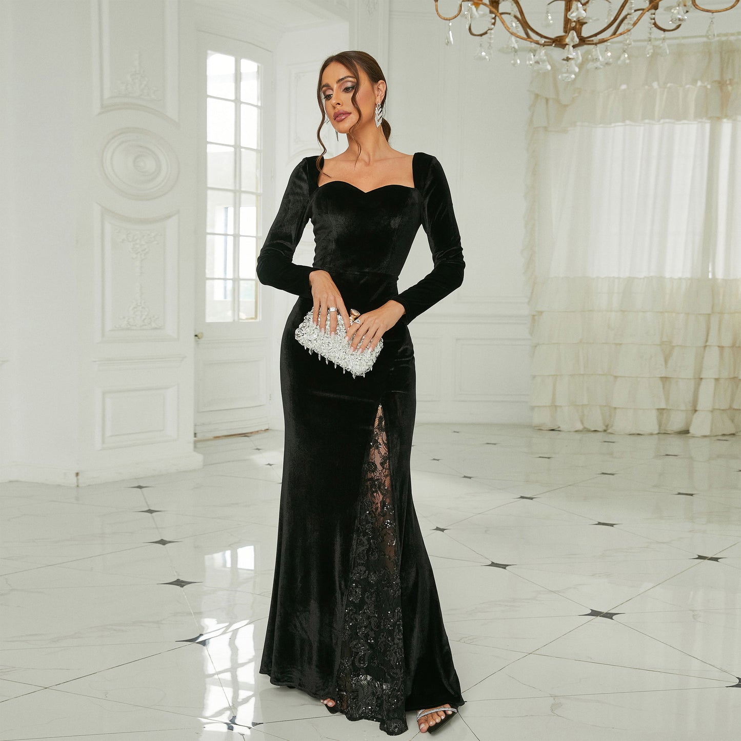 Long-sleeved velvet square neck slit dress