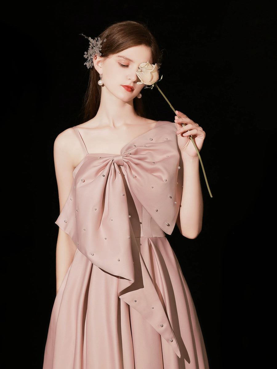 pearl embellished bow strapless maxi dress in pink