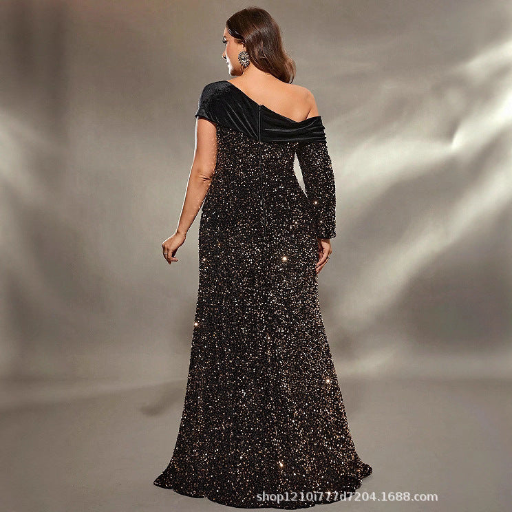 single sleeve strapless sequin embellished maxi dress in black