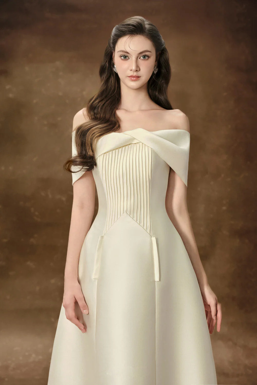hebera a-line off-shoulder midi dress in cream