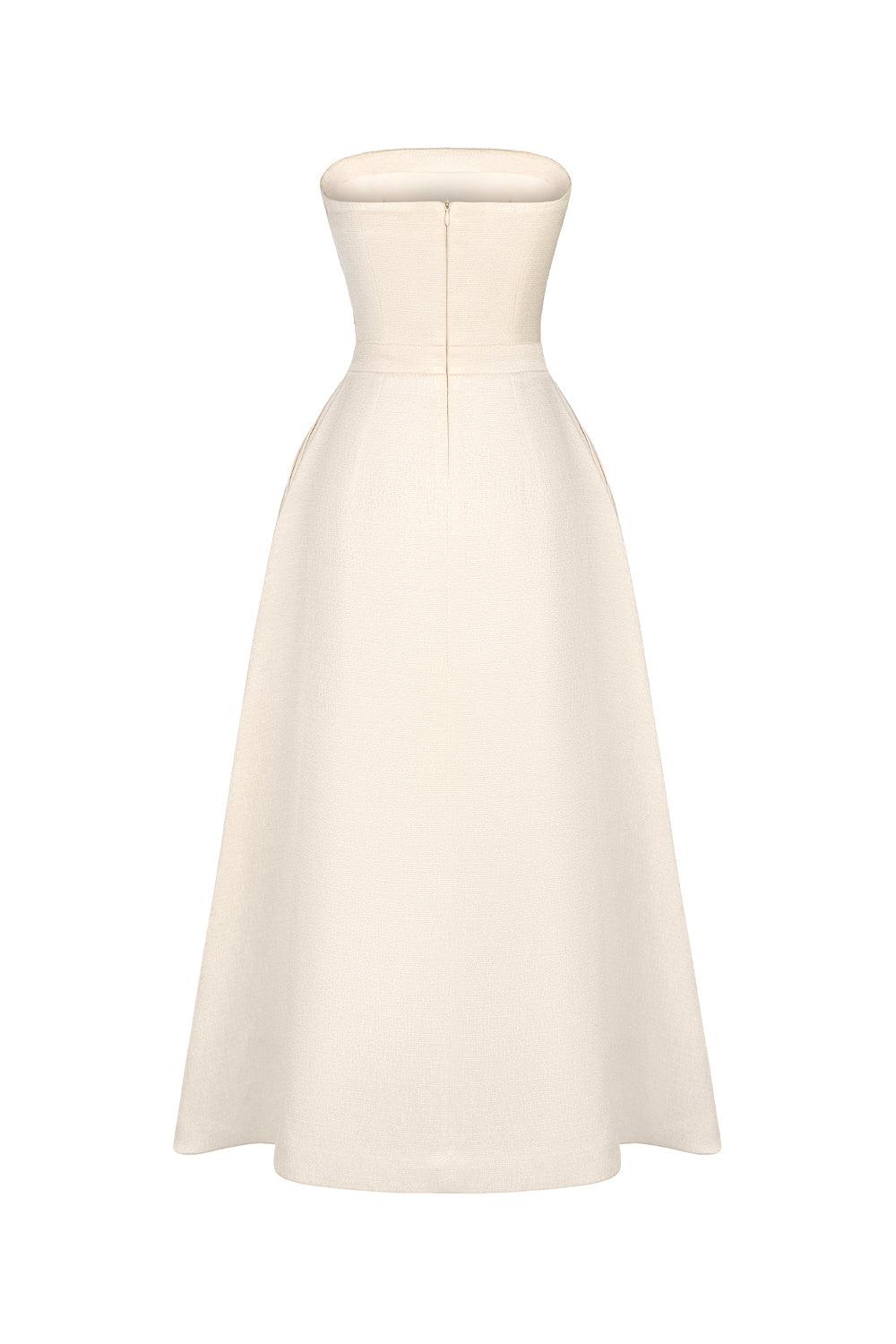 ストラップレスストレートアクロスネックポリエステルミディドレス