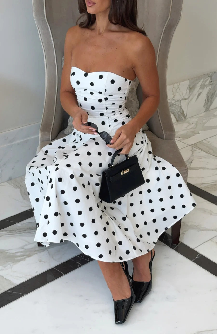 sandra Polka Dot Strapless Midi Dress in White
