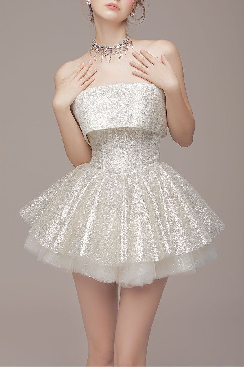 mini abito tutù senza spalline in tulle a rete Alberta color albicocca