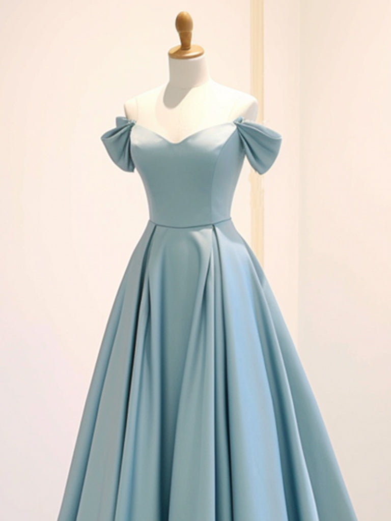 A-Line Off Shoulder Satin Blue Dress