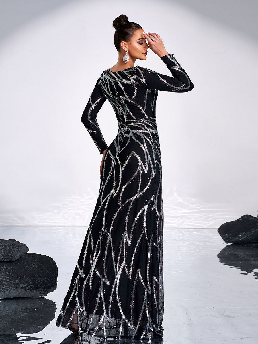 Aライン ロングスリーブ スパンコール ブラック ドレス