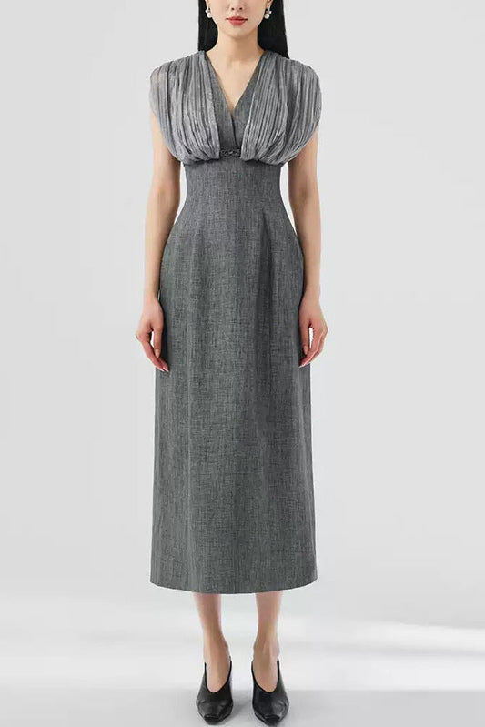 Mesh stitching sleeveless midi dress in grey