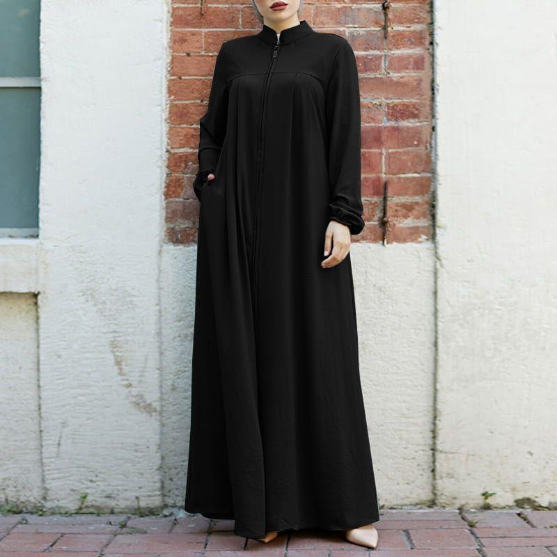 Muslim Style Arabic Style Stand-up Collar Zipper Pockets Abaya Casual Dresses