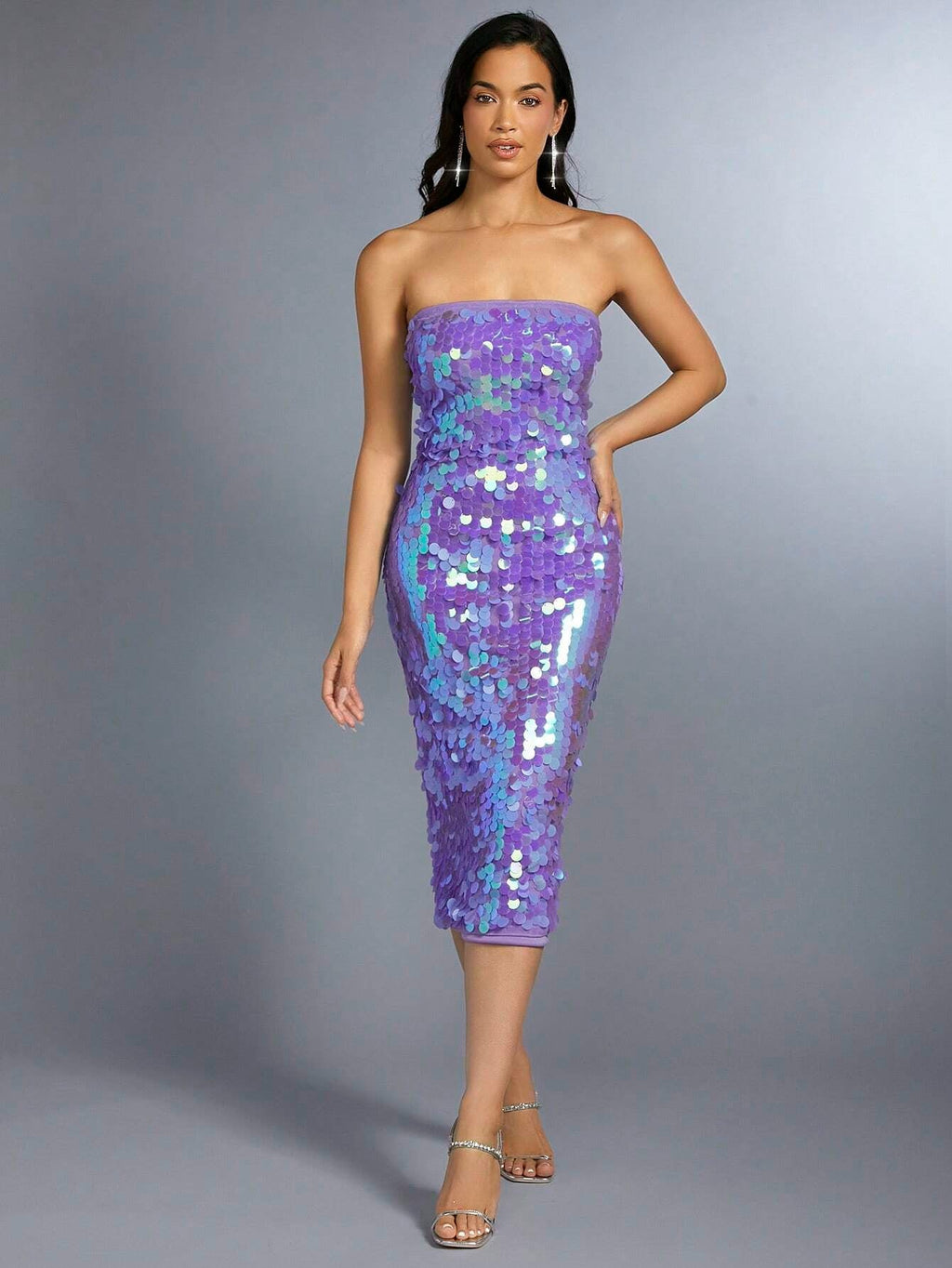 Glitter Strapless midi Dress in purple