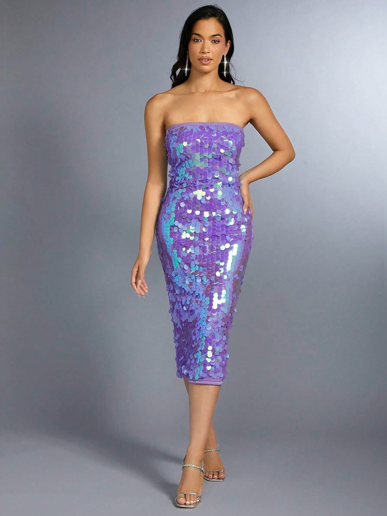 Glitter Strapless midi Dress in purple