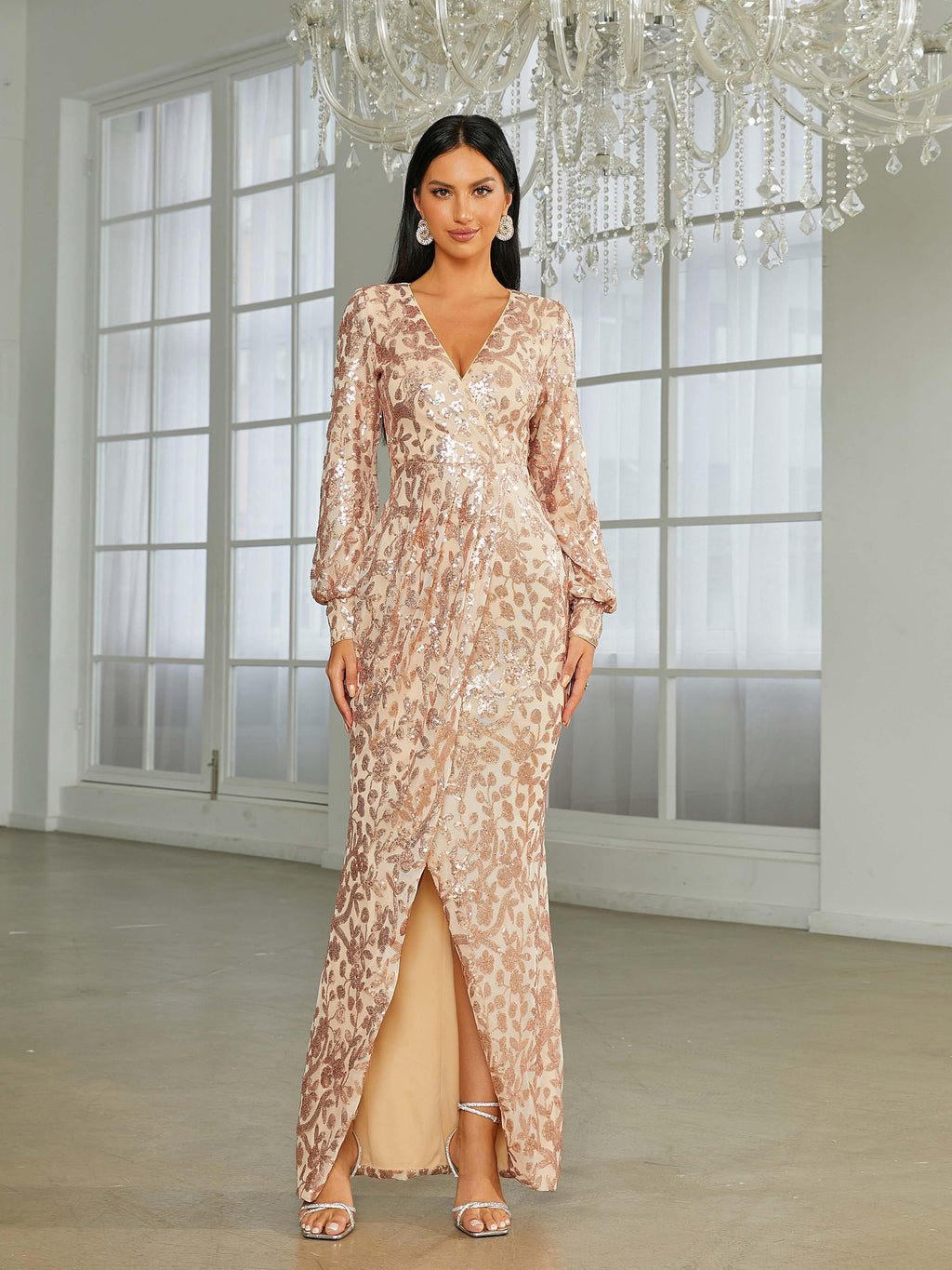 V-neck Split Sequin Wedding Guest Dress