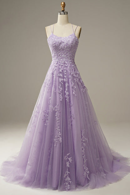 A-Line Purple Spaghetti Straps Long Prom Dress