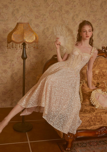 aurora lace floral embroidery midi dress in nude