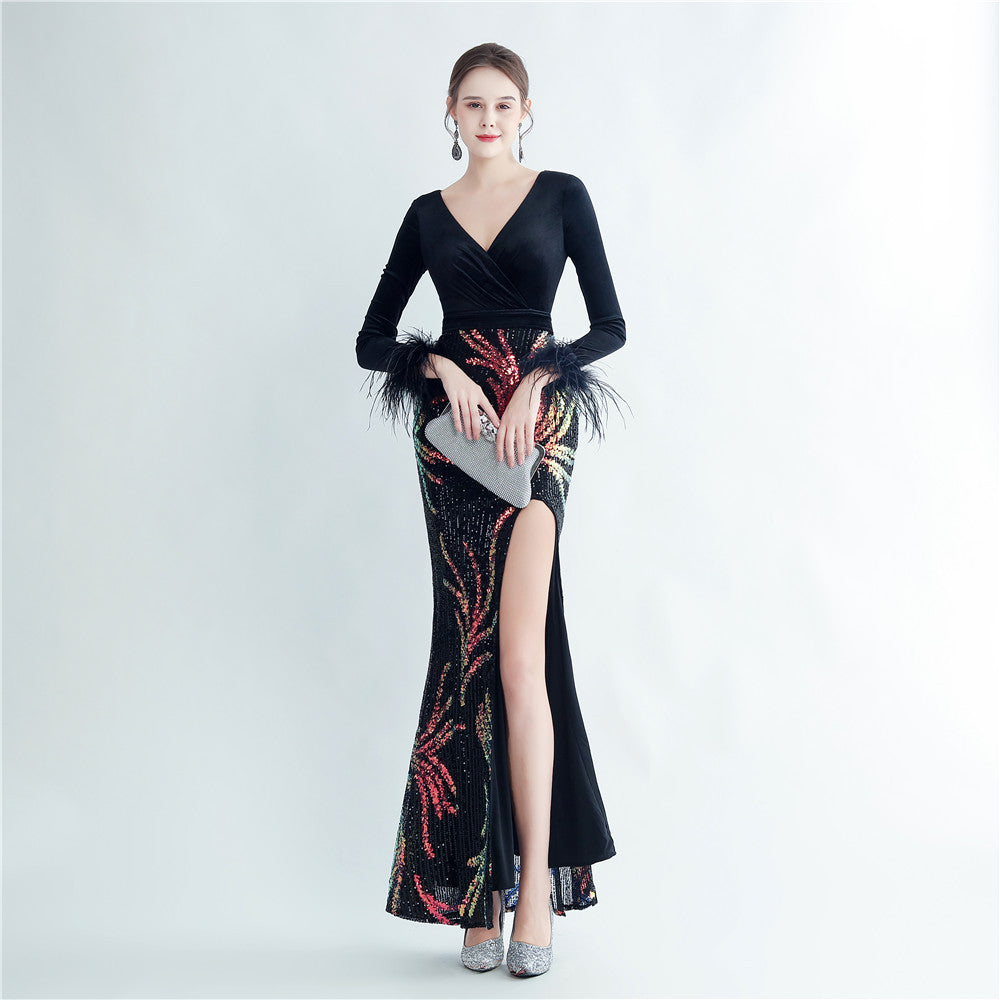 Ostrich Beaded Velvet Side Split Formal Dress