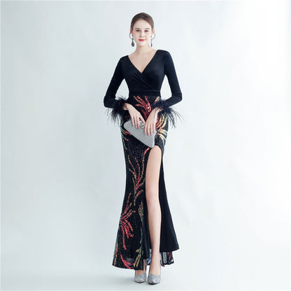 Ostrich Beaded Velvet Side Split Formal Dress