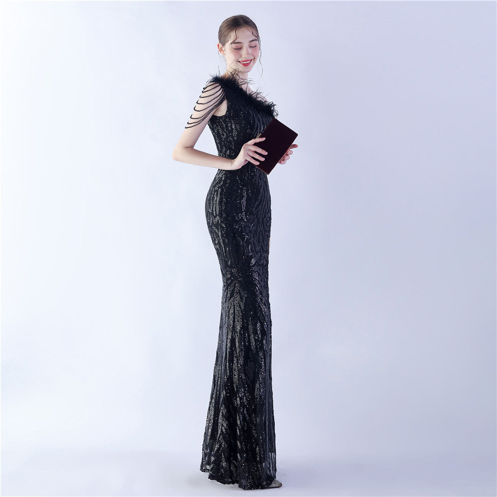 Fur Slant Neck One Shoulder Formal Dress
