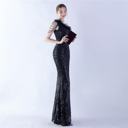 Fur Slant Neck One Shoulder Formal Dress