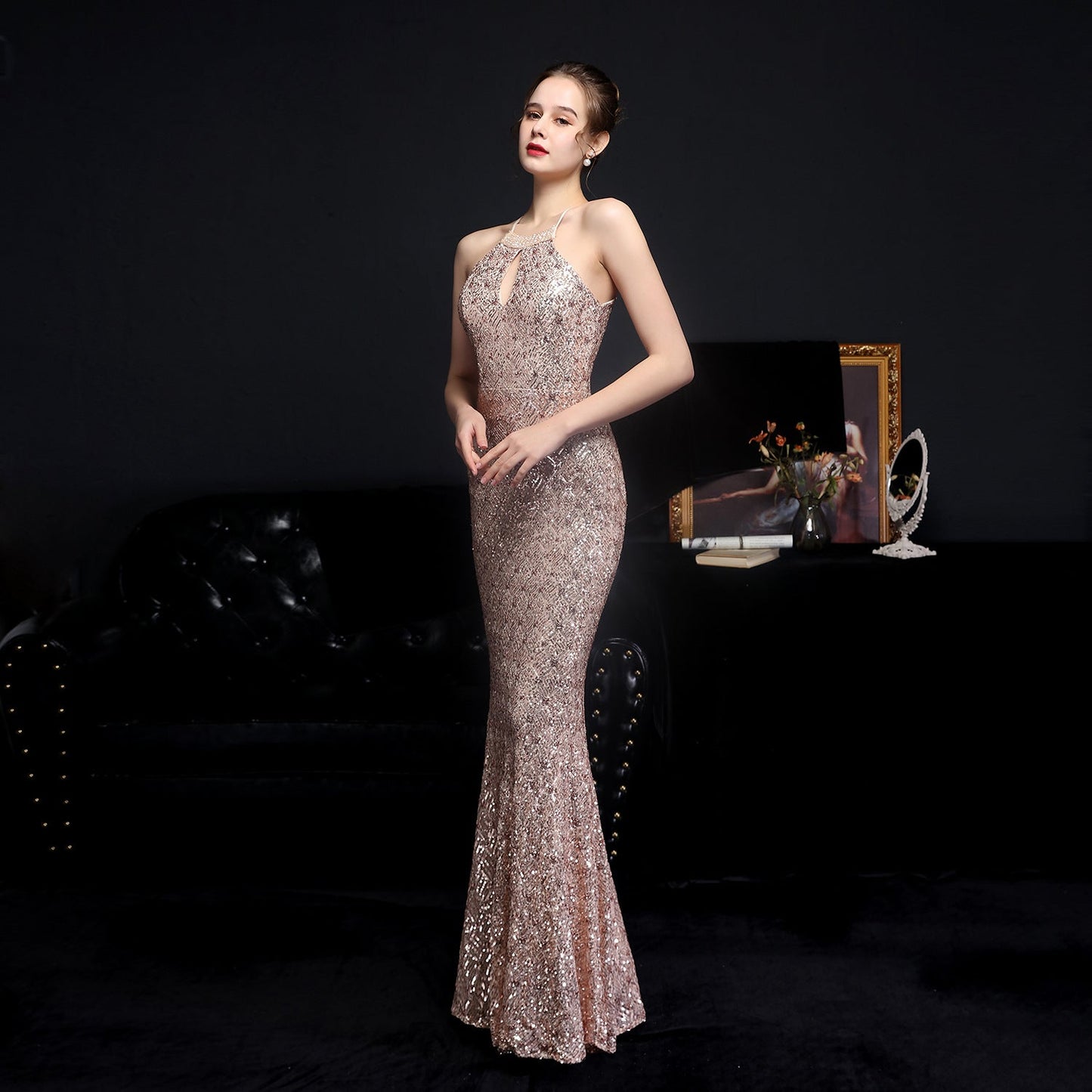 Long Neck Stapled Formal Dresses