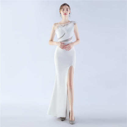 Fur Rhinestone Formal Dress