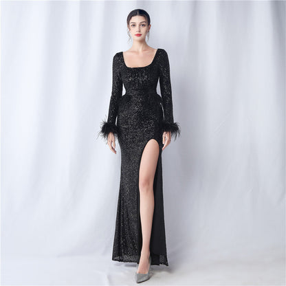 Ostrich Fur Long Sleeve Formal Dress