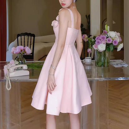 RHINESTONE ROSE APPLIQUE MINI DRESS IN PINK