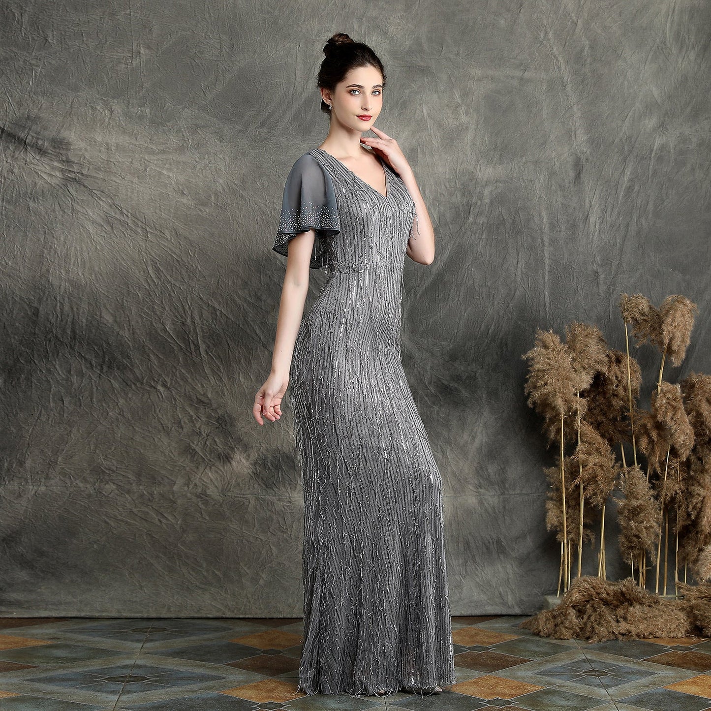 Silk Fringe Beaded Formal Dress