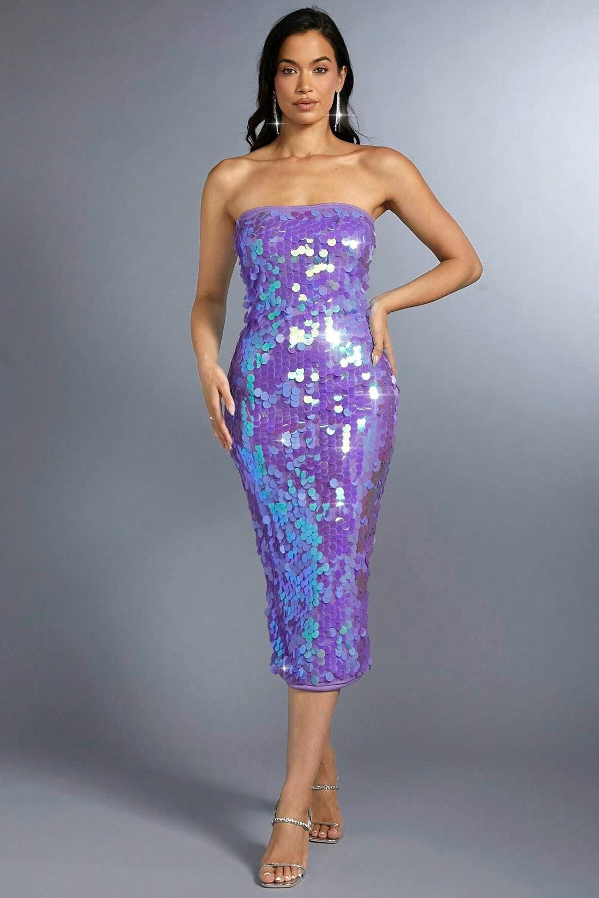 Glitter Strapless midi Dress in purple