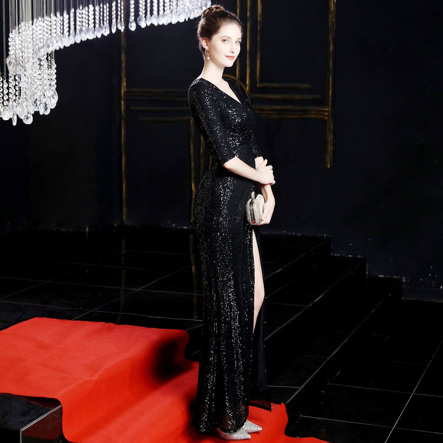 Long Sleeve Sequin Fishtail Formal Dress