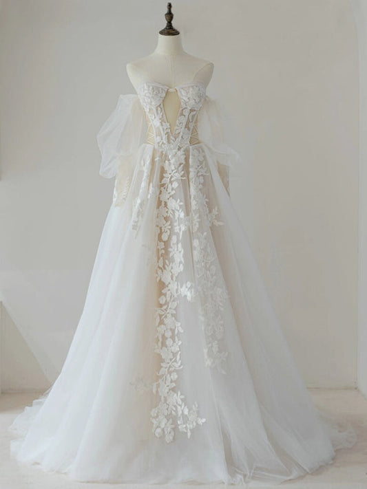 Light Champagne A-Line Lace Tulle Long Prom Dress, Lace Tulle Formal Dress