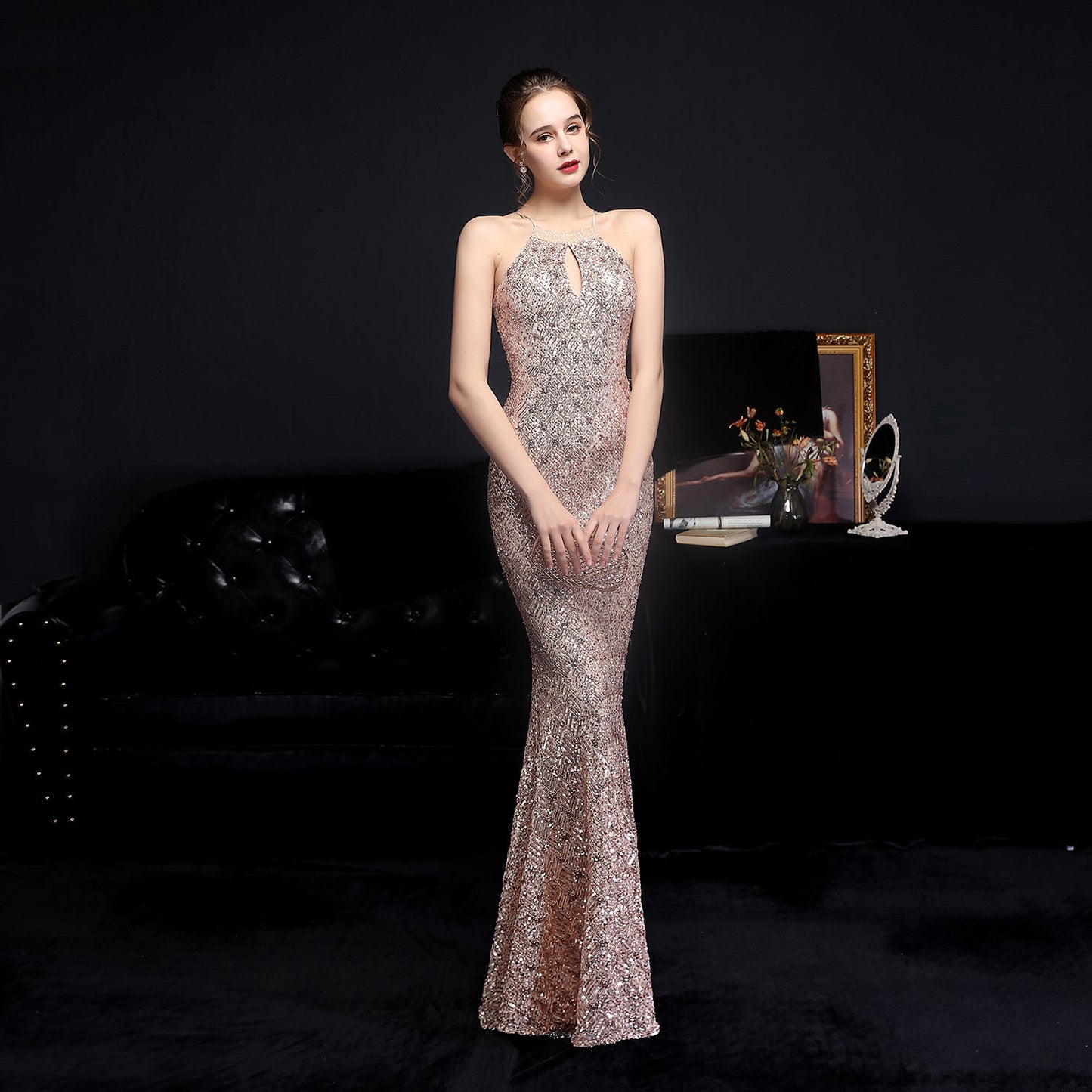 Long Neck Stapled Formal Dresses