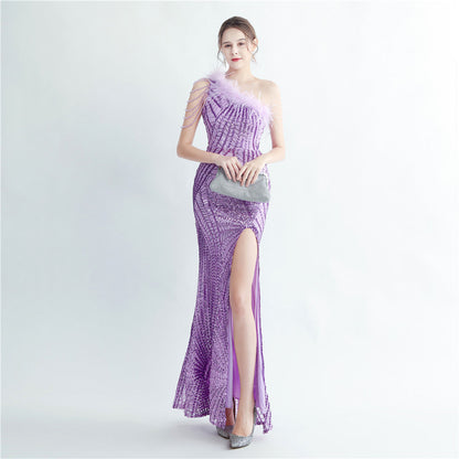 Fur Layered Beaded Formal Dress
