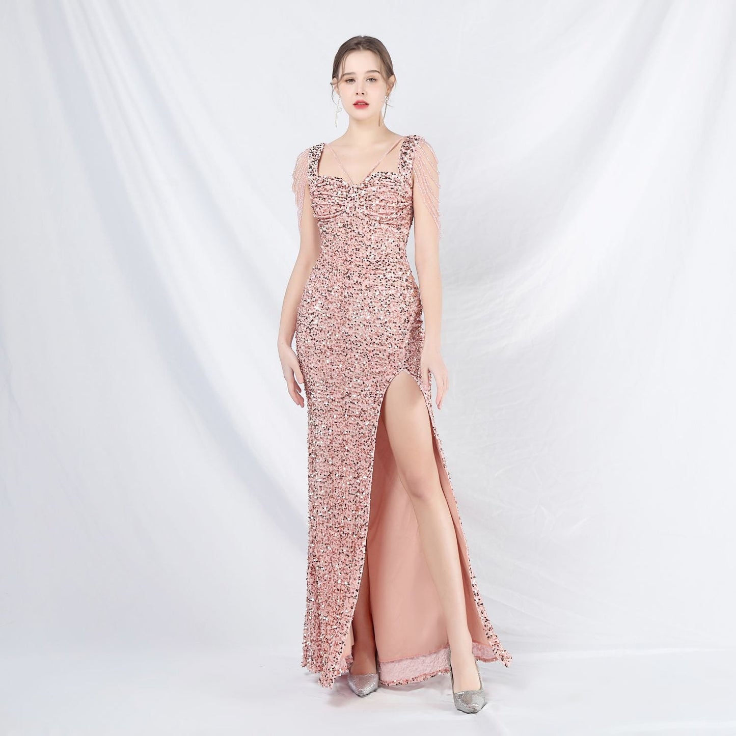 ベルベット裏地ビーズ付きフォーマルドレス