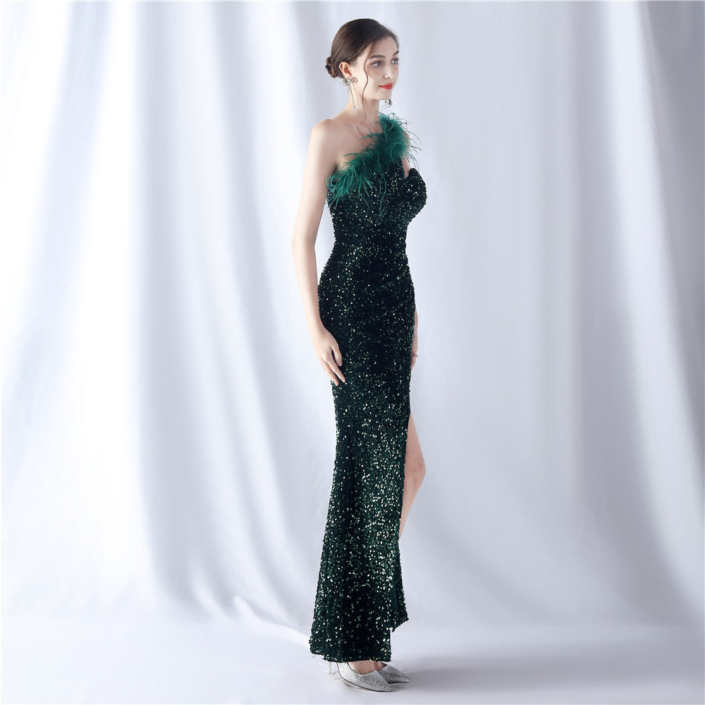Ostrich Velvet Bottom One Shoulder Formal Dress