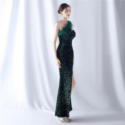 Ostrich Velvet Bottom One Shoulder Formal Dress