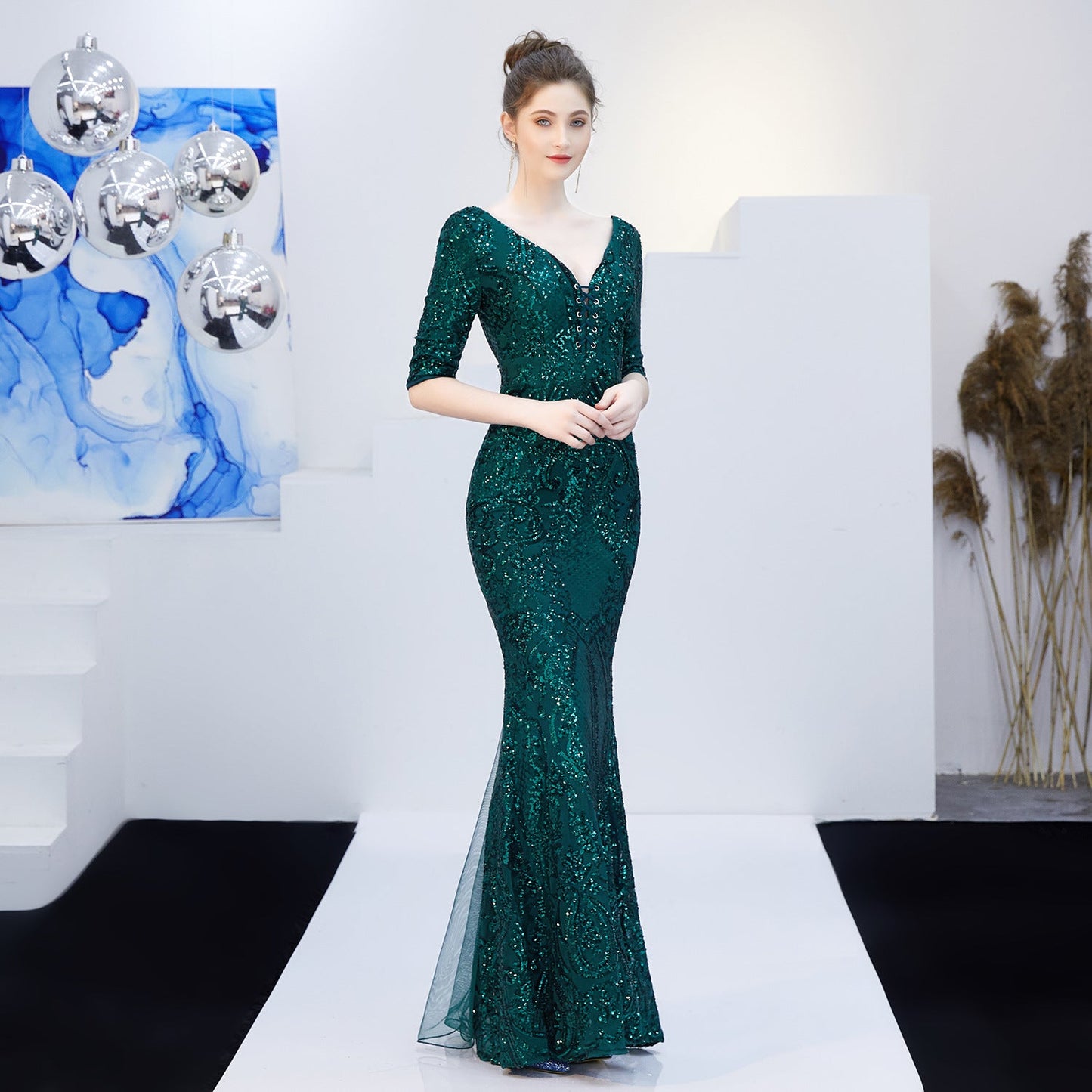 Neck Sequin Formal Dress