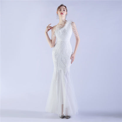 Beaded and Ostrich Fur Sequined Formal Dress