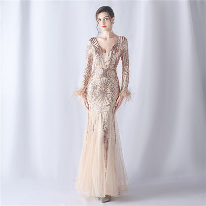 Ostrich Fur Mesh Beaded Formal Dresses