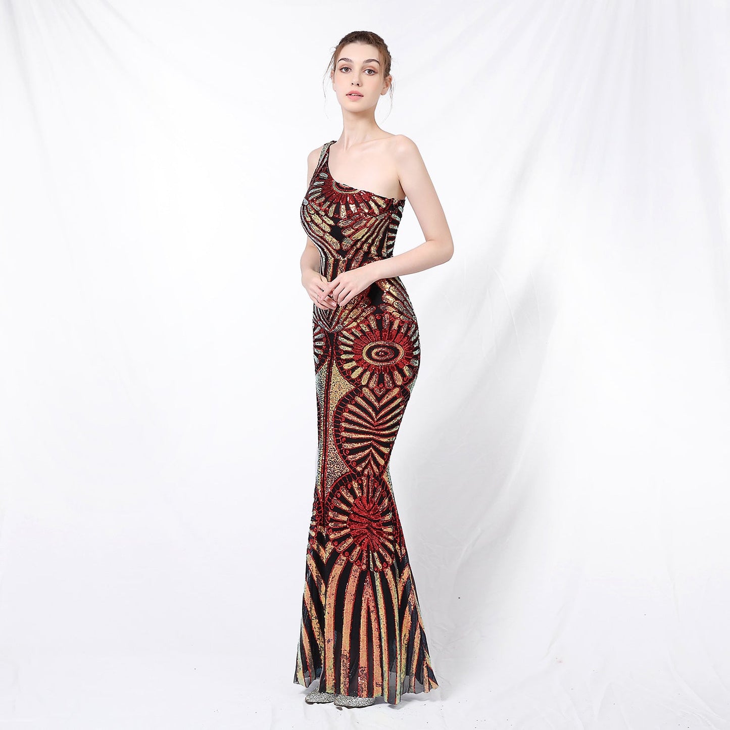 One Shoulder Sequin Fishtail Formal Dress