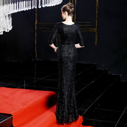 Long Sleeve Sequin Fishtail Formal Dress