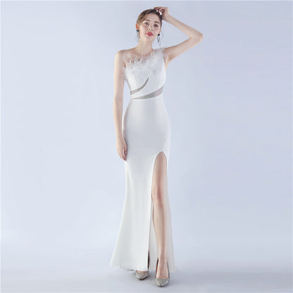 Fur Rhinestone Formal Dress