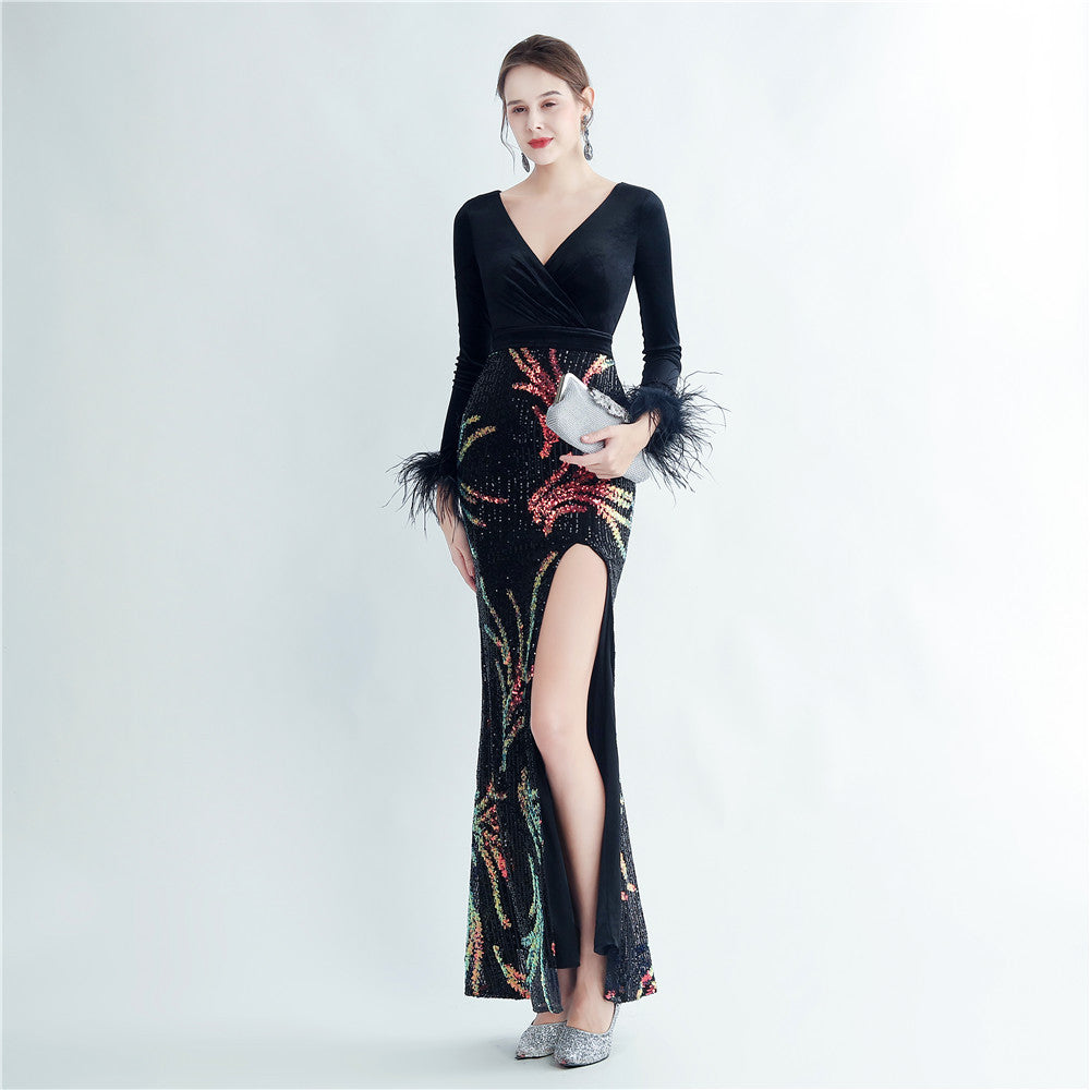 Ostrich Beaded Velvet Side Split Formal Dress