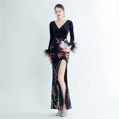 Ostrich Beaded Velvet Side Split Formal Dress