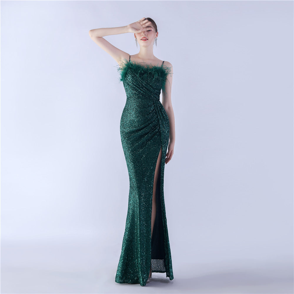 Ostrich Beaded Side Split Formal Dress