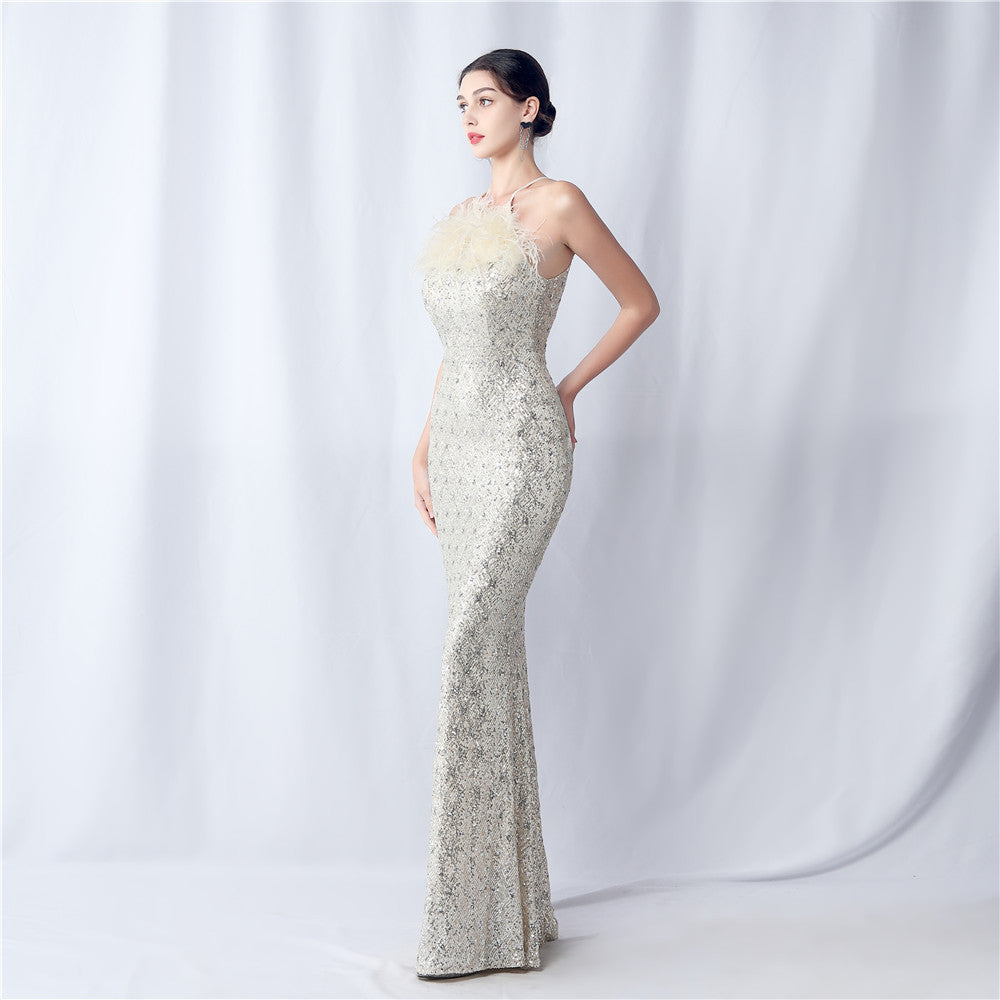 Camel hair and lattice beaded formal dresses